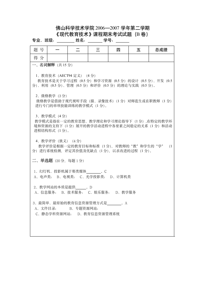 佛山科学技术学院现代教育技术试卷第1页