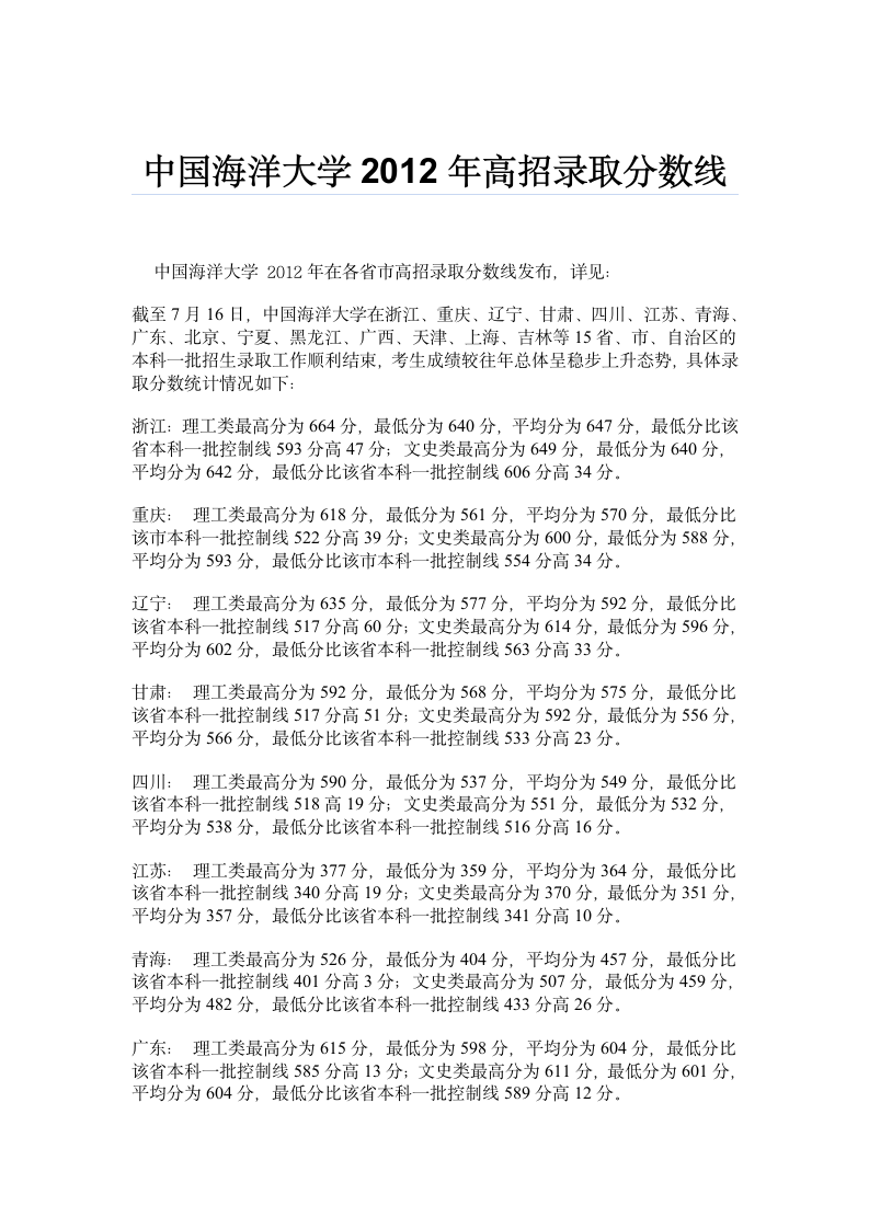 中国海洋大学2012年高招录取分数线第1页