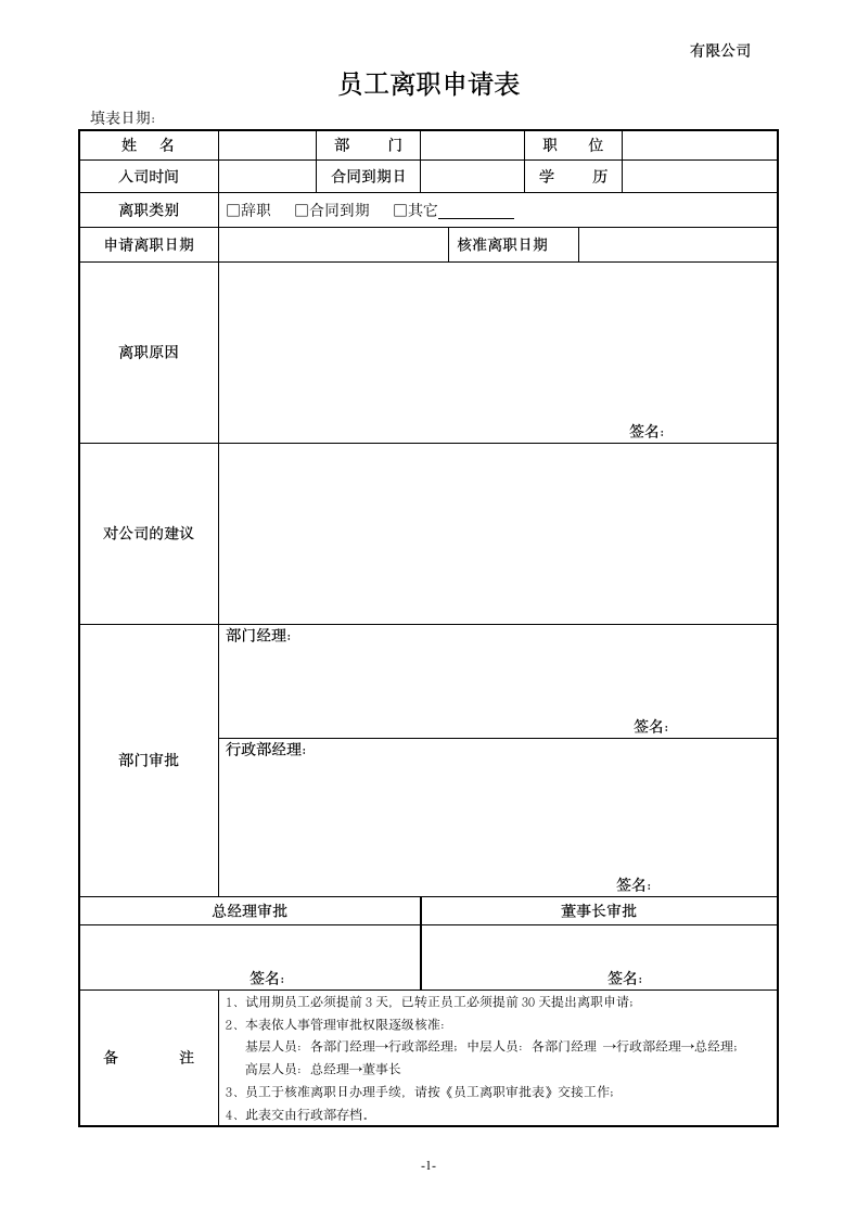 离职申请表+离职审批表+移交清册.docx第1页