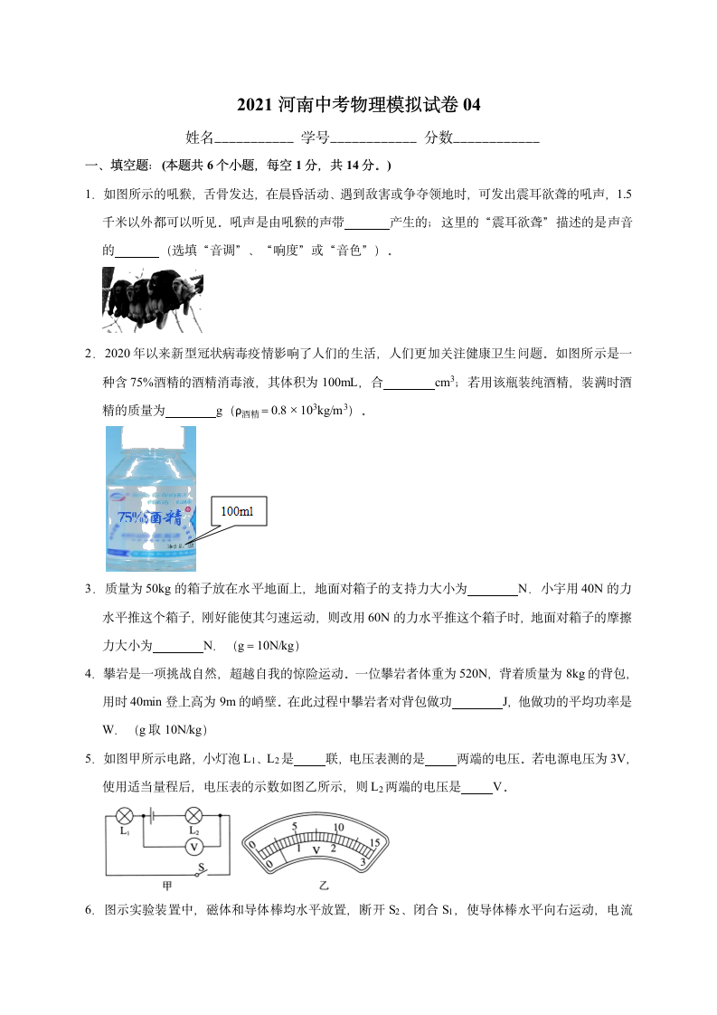 2021年河南中考物理模拟试卷04含答案.doc第1页