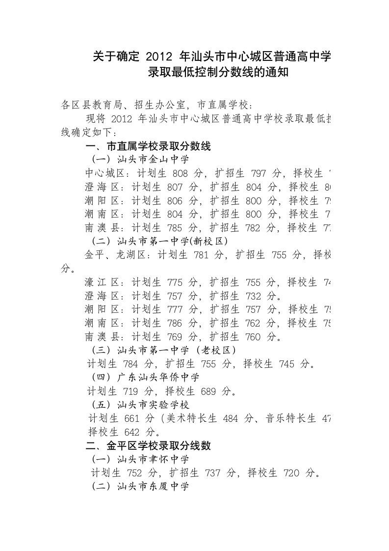 2012汕头中考录取分数线第1页