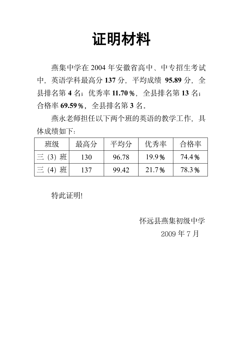 中考成绩证明材料第1页