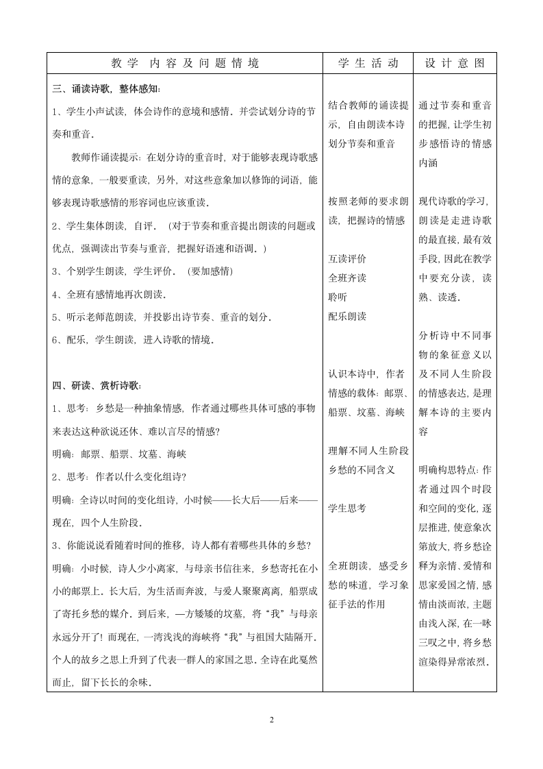 语文人教九年级下册精品示范表格教案诗两首—乡愁.doc第2页