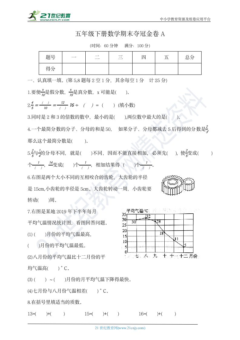 五年级下册数学期末夺冠金卷A  苏教版  含答案.doc第1页