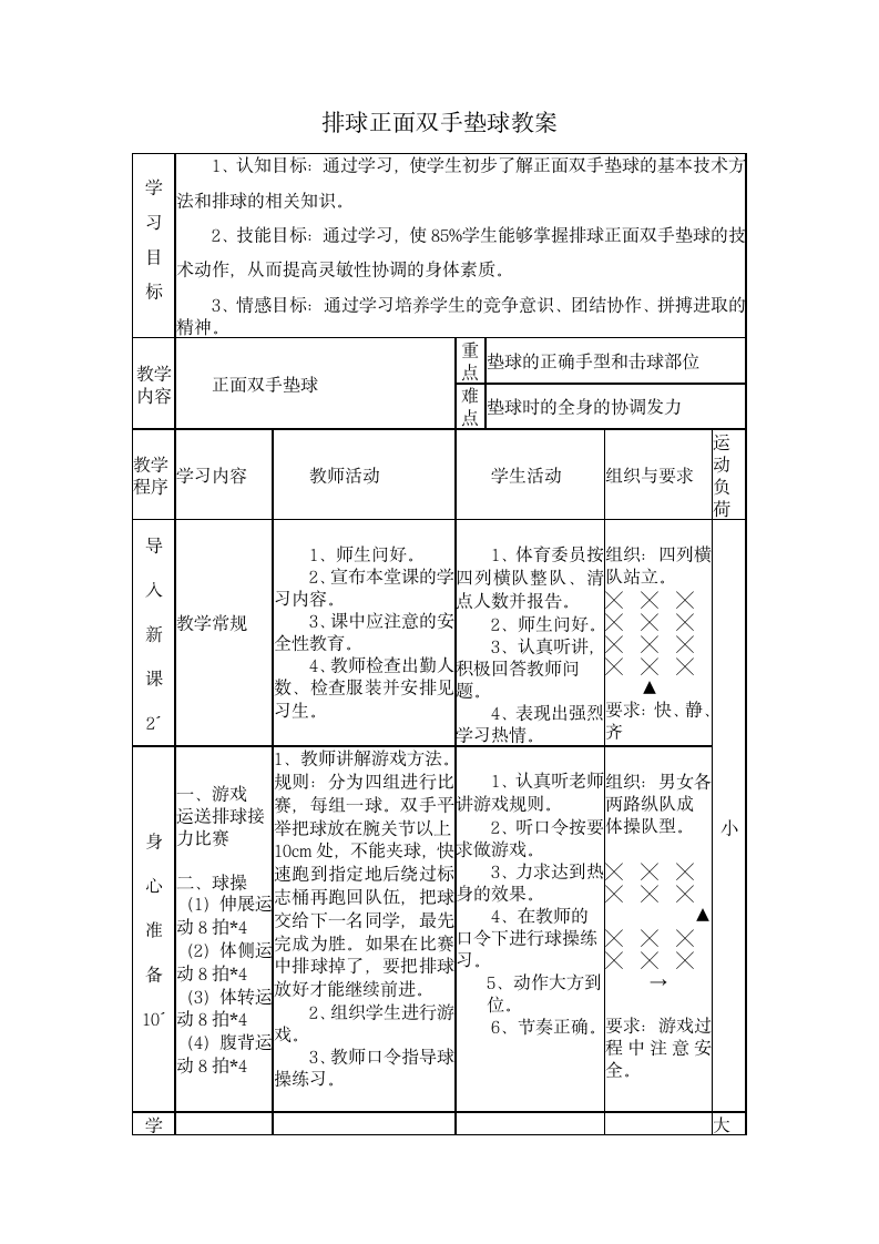 排球正面双手垫球（教案）体育五年级下册.doc