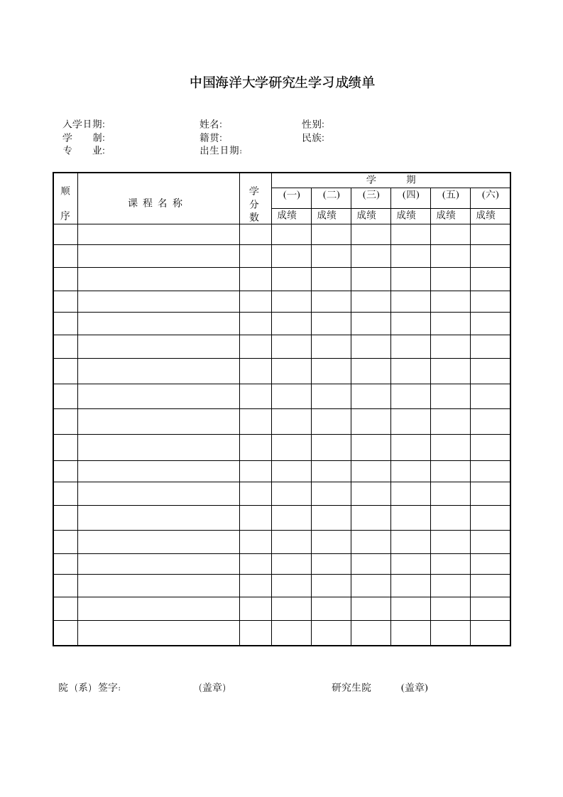 中国海洋大学硕士成绩打印单第1页