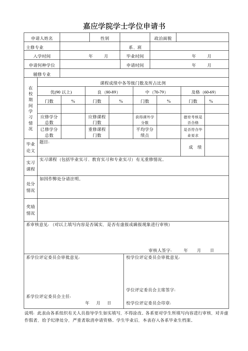 嘉应学院学士学位申请书第1页