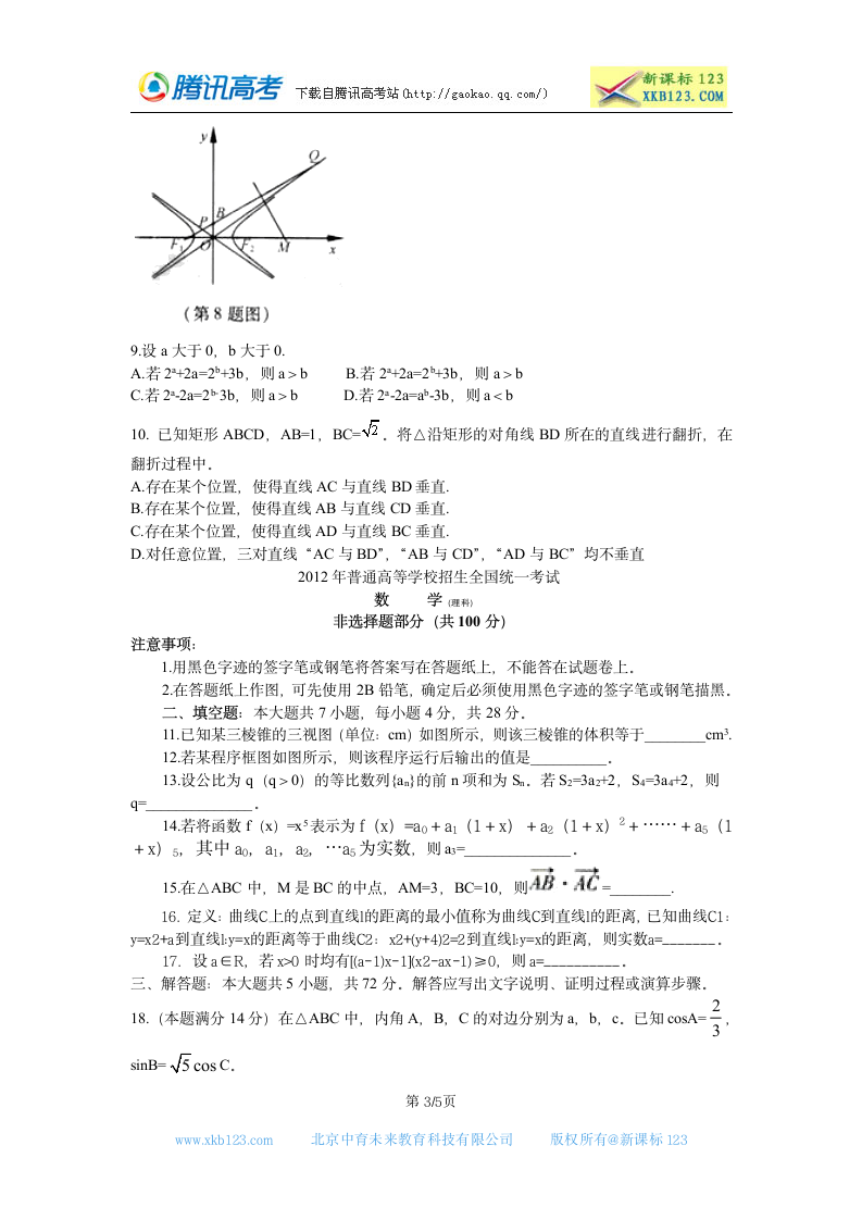 2012浙江理科数学高考试卷第3页