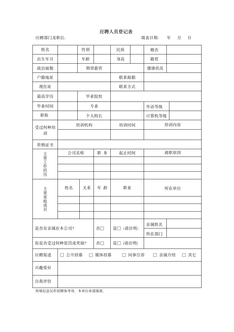 企业应聘人员登记表模板.docx第1页