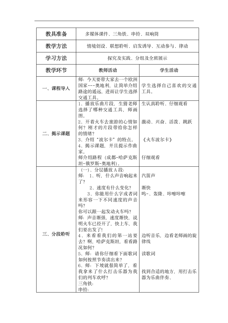 人音版 （五线谱） 一年级下册音乐 5 《火车波尔卡》  ︳教案（表格式）.doc第2页