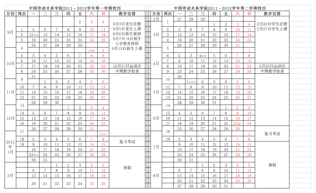 中国劳动关系学院校历第1页