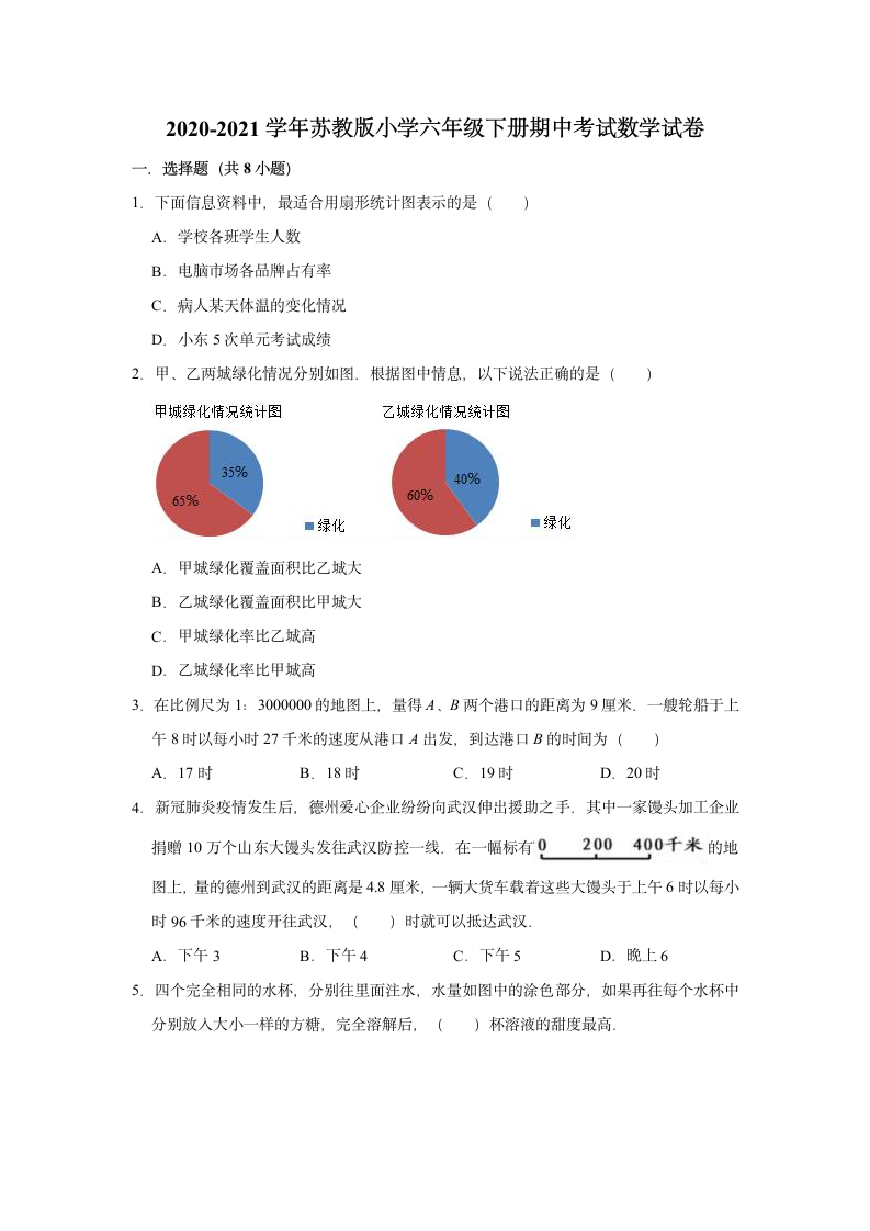 2020-2021学年苏教版小学六年级下册期中考试数学试卷（含解析）.doc第1页