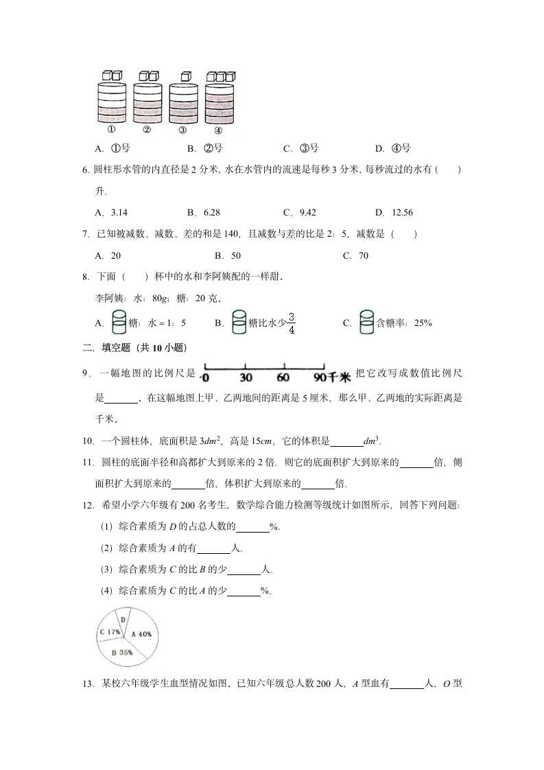 2020-2021学年苏教版小学六年级下册期中考试数学试卷（含解析）.doc第2页