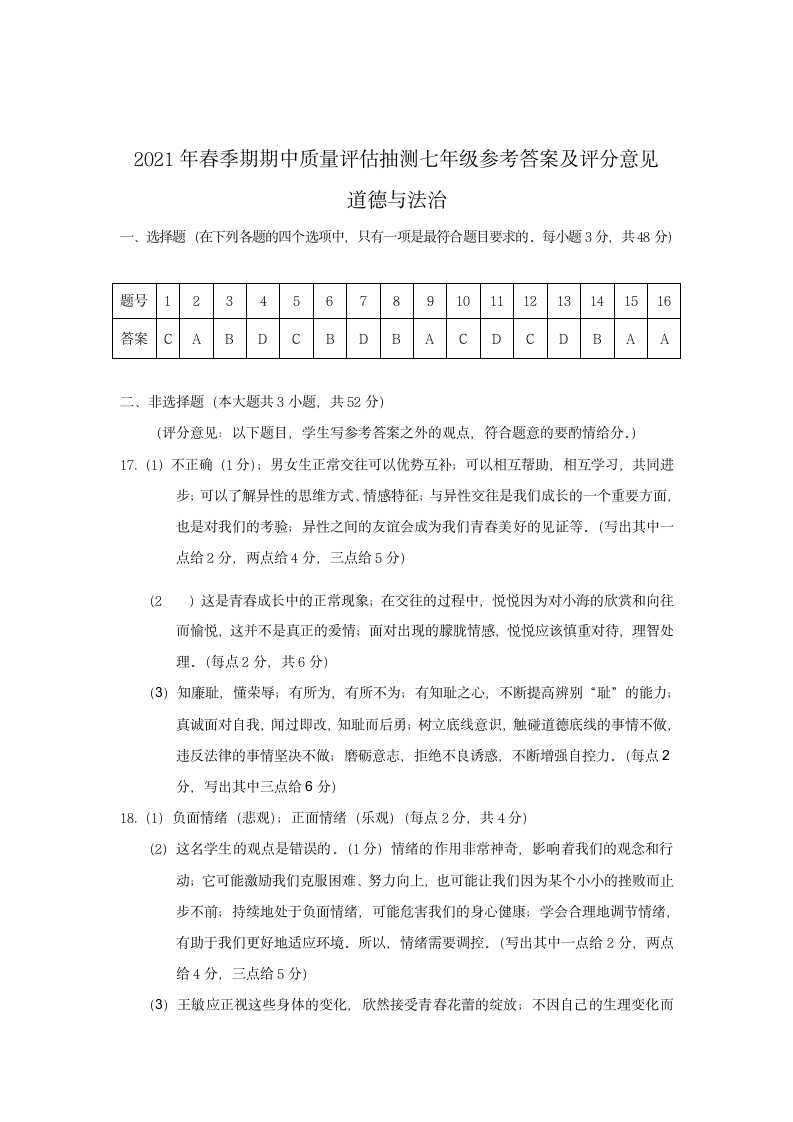 广西岑溪市2020-2021学年七年级下学期期中考试道德与法治试题（Word版，含答案）.doc第4页