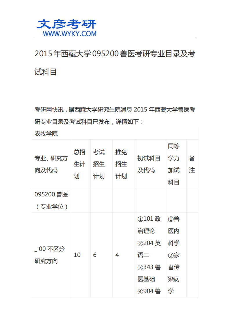 2015年西藏大学095200兽医考研专业目录及考试科目_西藏大学考研网第1页