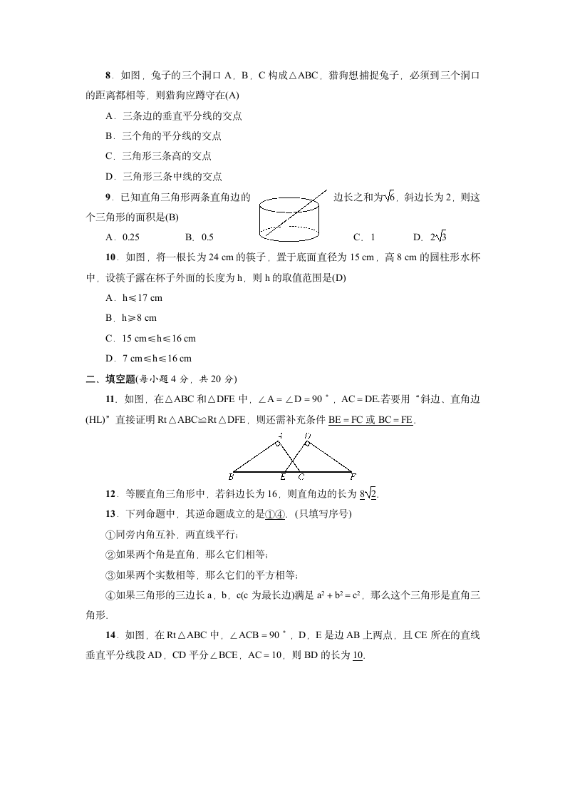 北师大版数学八年级下册：第一章 三角形的证明  阶段测试(1.2～1.3)（附答案).doc第6页