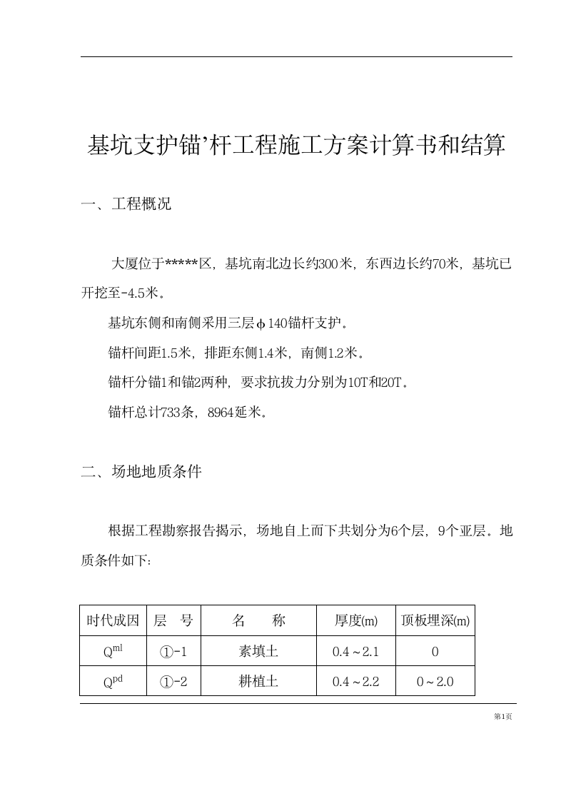 基坑支护锚杆工程施工组织设计方案计算书和结算.doc第1页