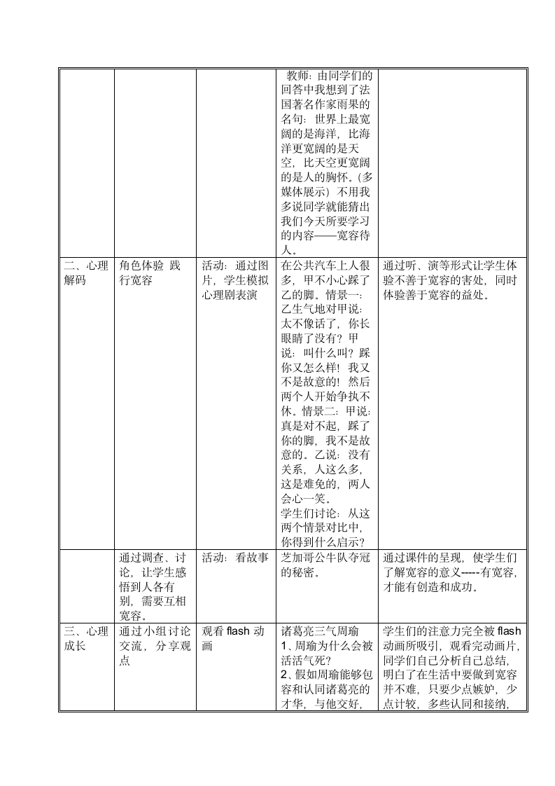 北师大版 三年级上册心理健康 第三课 一颗宽容之心-宽容待人｜教案（表格式）.doc第2页