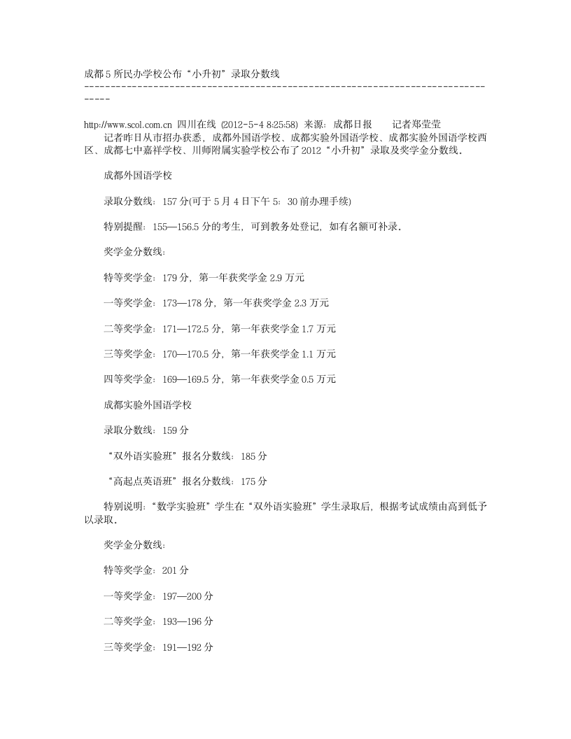 成都各私立中学往年录取分数线第1页