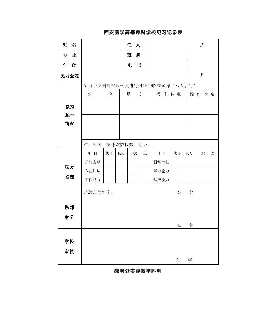 西安医学高等专科学校见习记录表第1页