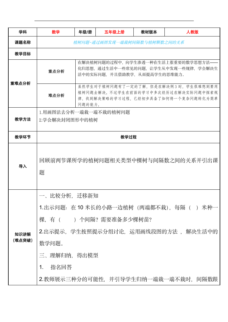 五年级数学上册教案-7 植树问题 人教版.doc第1页