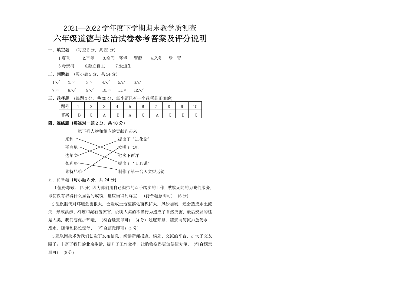 黑龙江省讷河市2021-2022学年六年级下学期期末考试道德与法治试题（Word版，含答案）.doc第3页