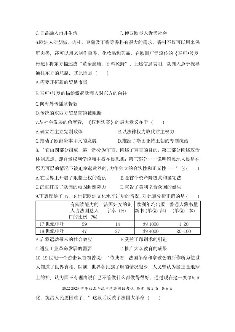 深圳市2022-2023学年初三年级中考适应性考试 历史卷（无答案）.doc第2页