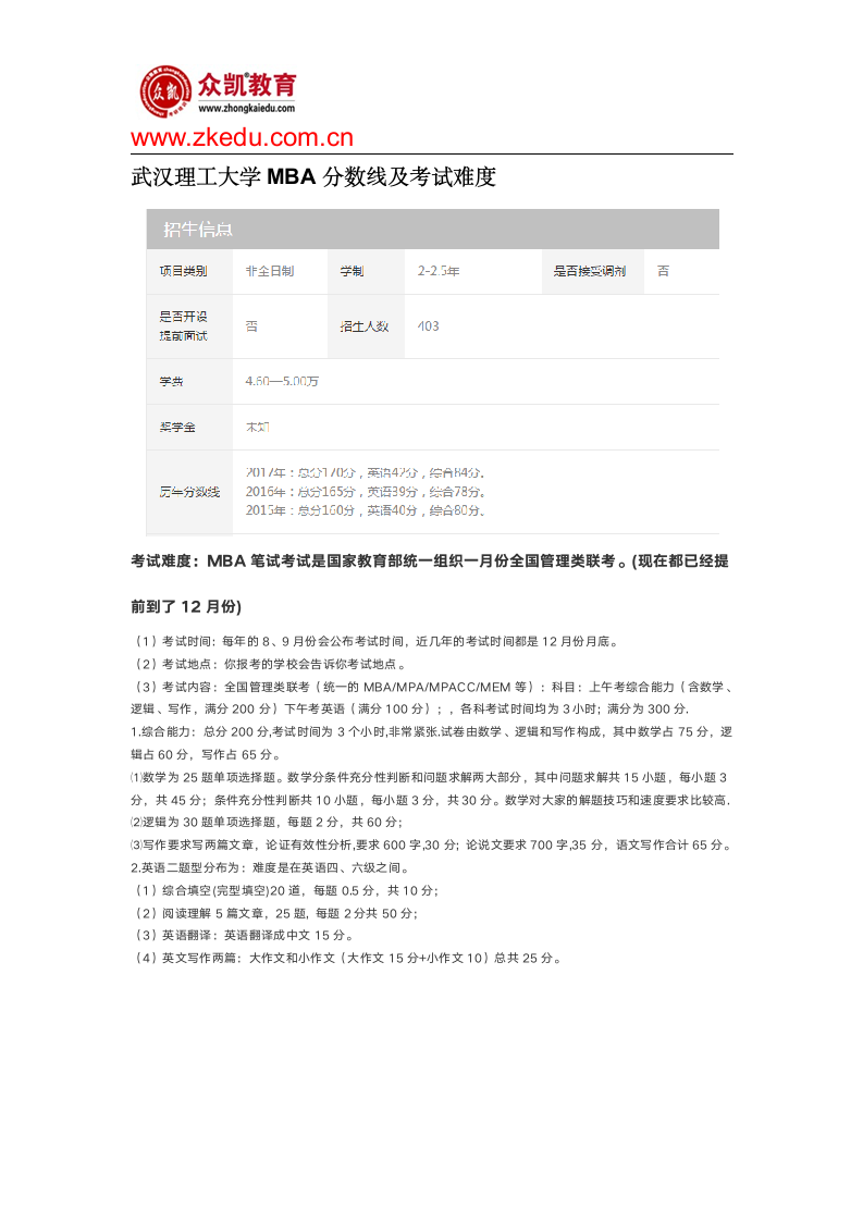 武汉理工大学MBA分数线及考试难度第1页