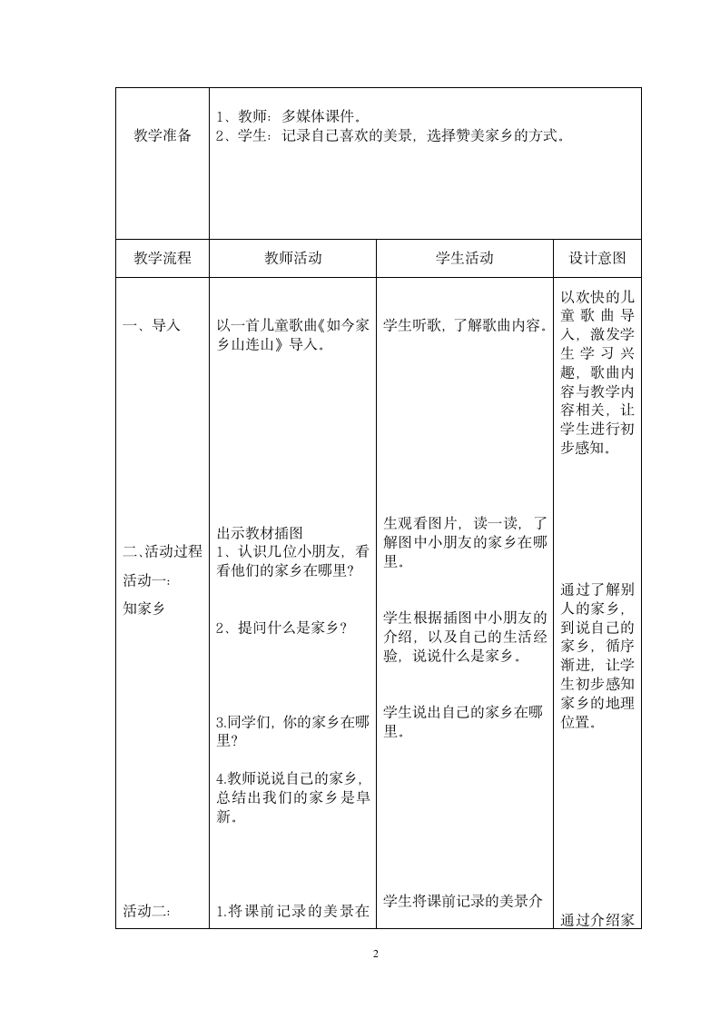 二年级上册道德与法治教案 -  13 我爱家乡山和水  （表格式）.doc第2页