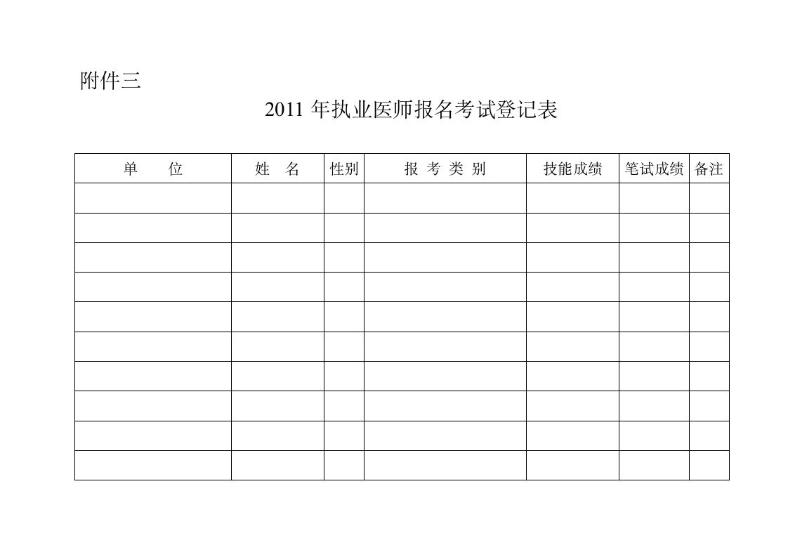 2011年执业医师报名考试登记表第1页