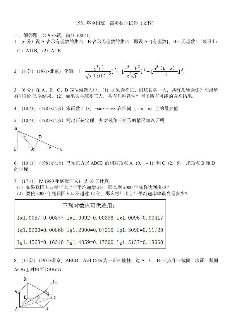 1981年全国统一高考数学试卷(文科)第1页