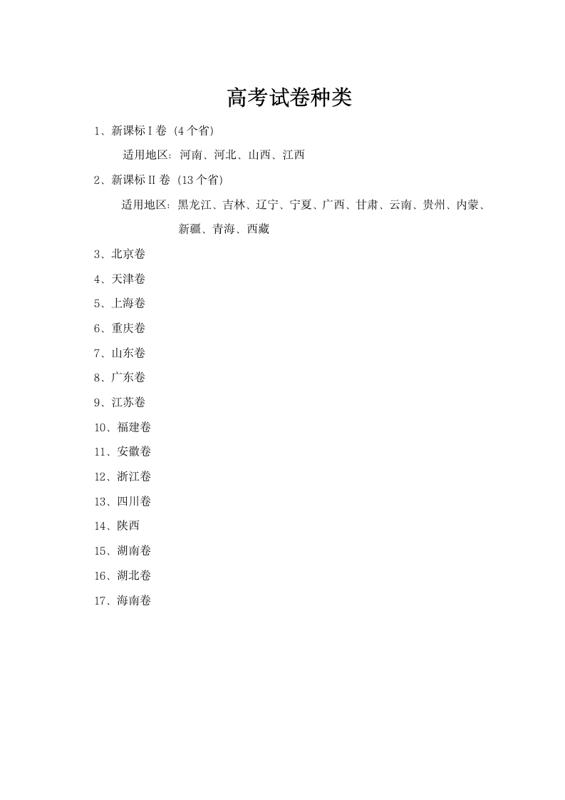 高考试卷种类第1页