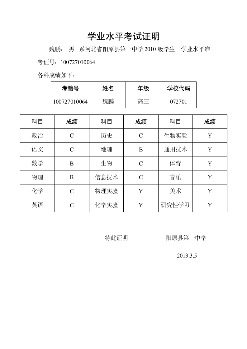 学业水平考试证明第1页