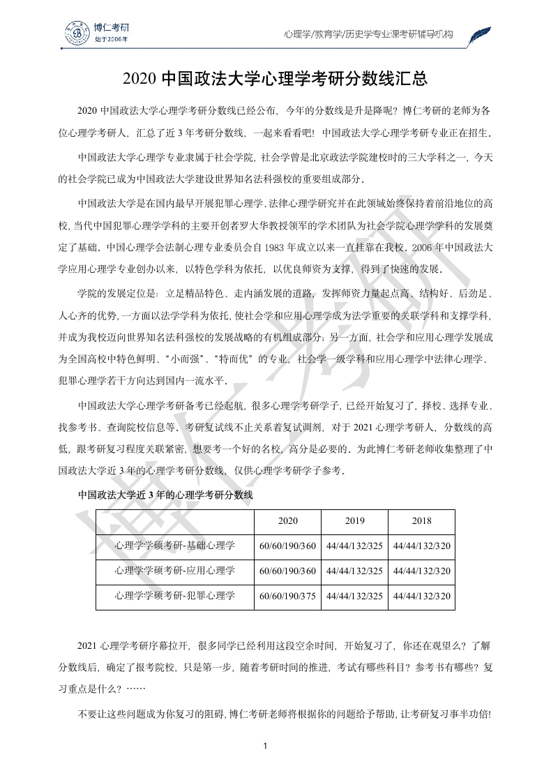 2020中国政法大学心理学考研分数线汇总第1页