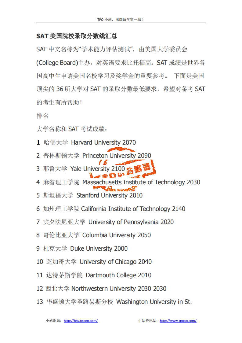 SAT美国院校录取分数线汇总第1页