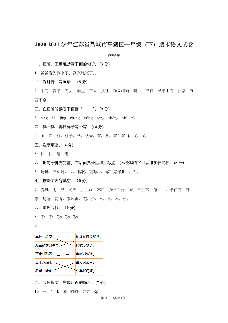 2020-2021学年江苏省盐城市亭湖区一年级（下）期末语文试卷(含答案).doc第5页