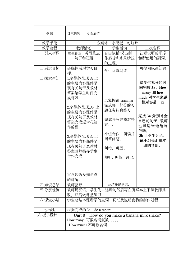 人教版八年级上册 Unit 8 How do you make a banana milk shake？ 教案（表格式）.doc第7页