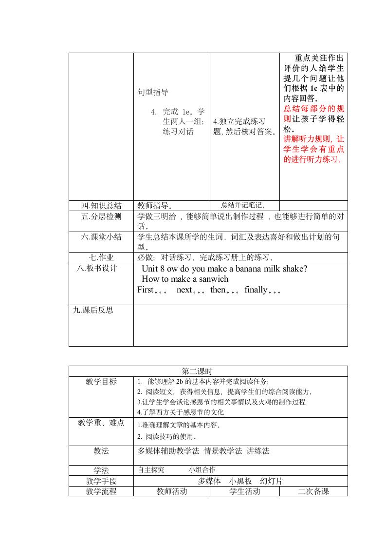 人教版八年级上册 Unit 8 How do you make a banana milk shake？ 教案（表格式）.doc第9页