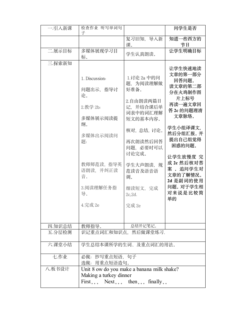 人教版八年级上册 Unit 8 How do you make a banana milk shake？ 教案（表格式）.doc第10页