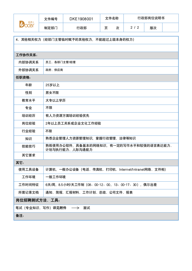 行政部岗位说明书-档案专员.docx第2页