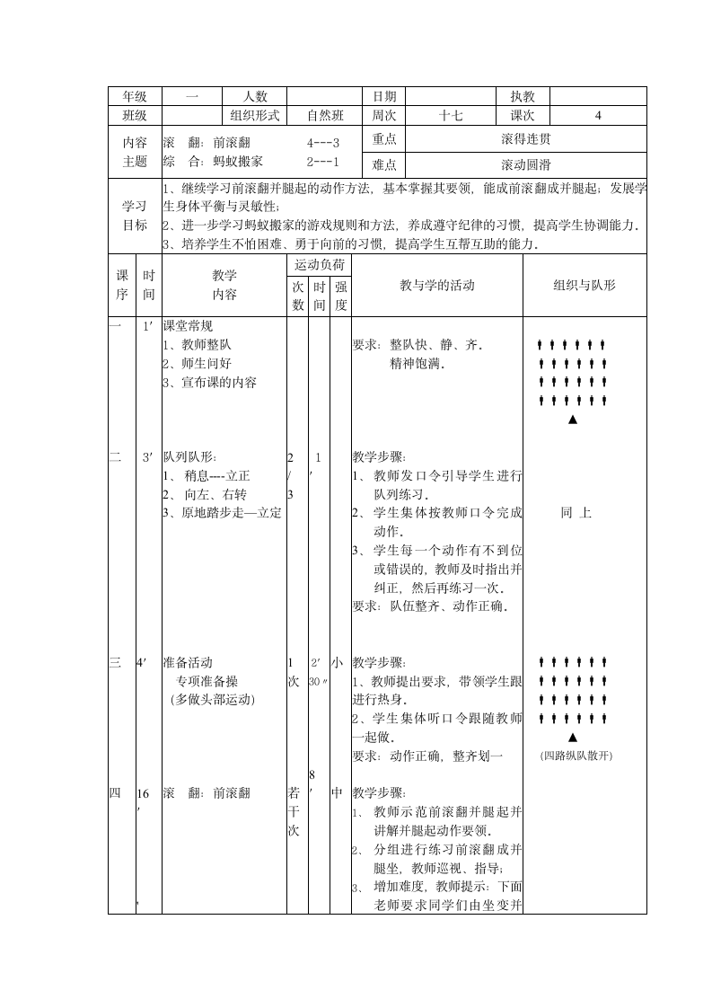 前滚翻（教案） 体育一年级下册1.doc第1页