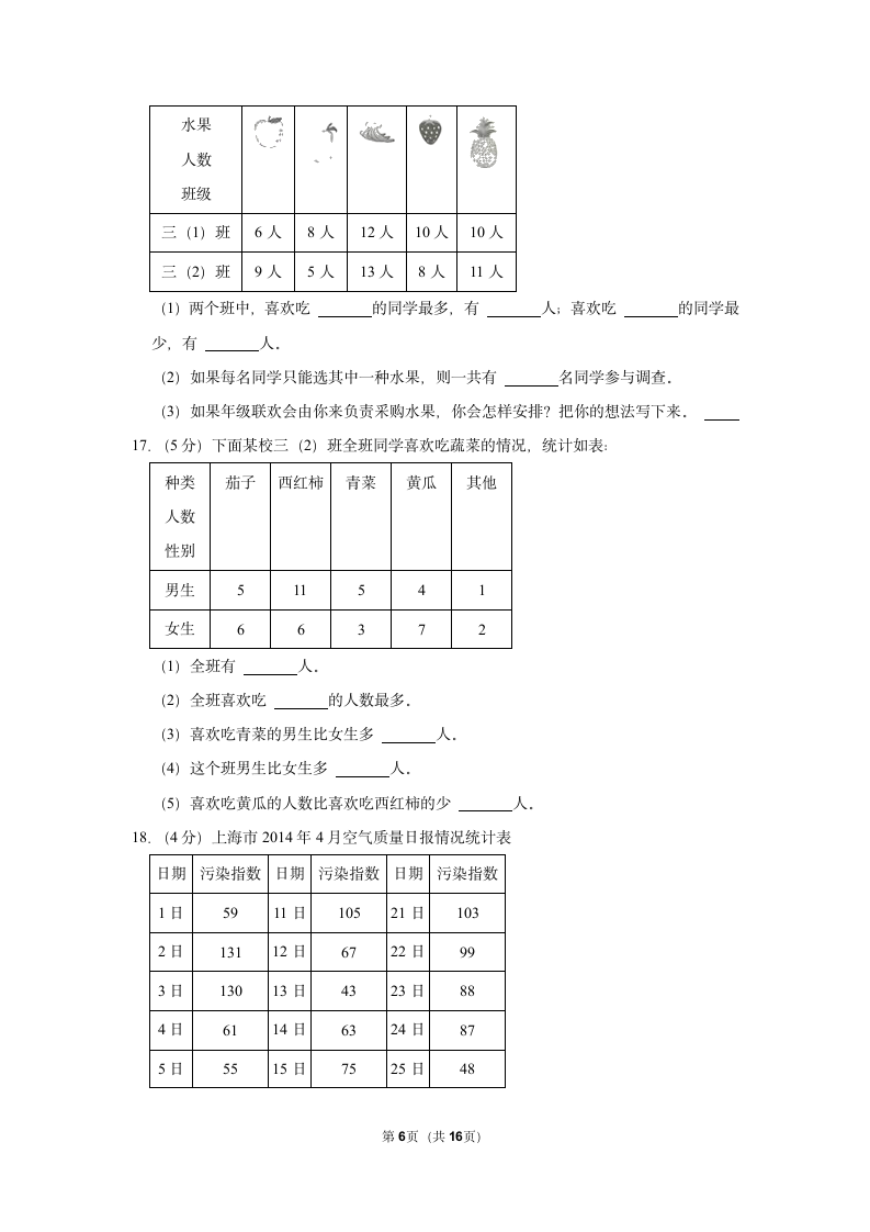 第3单元 复式统计表 单元测试 2021-2022学年人教新版三年级下册(含答案解释）.doc第6页