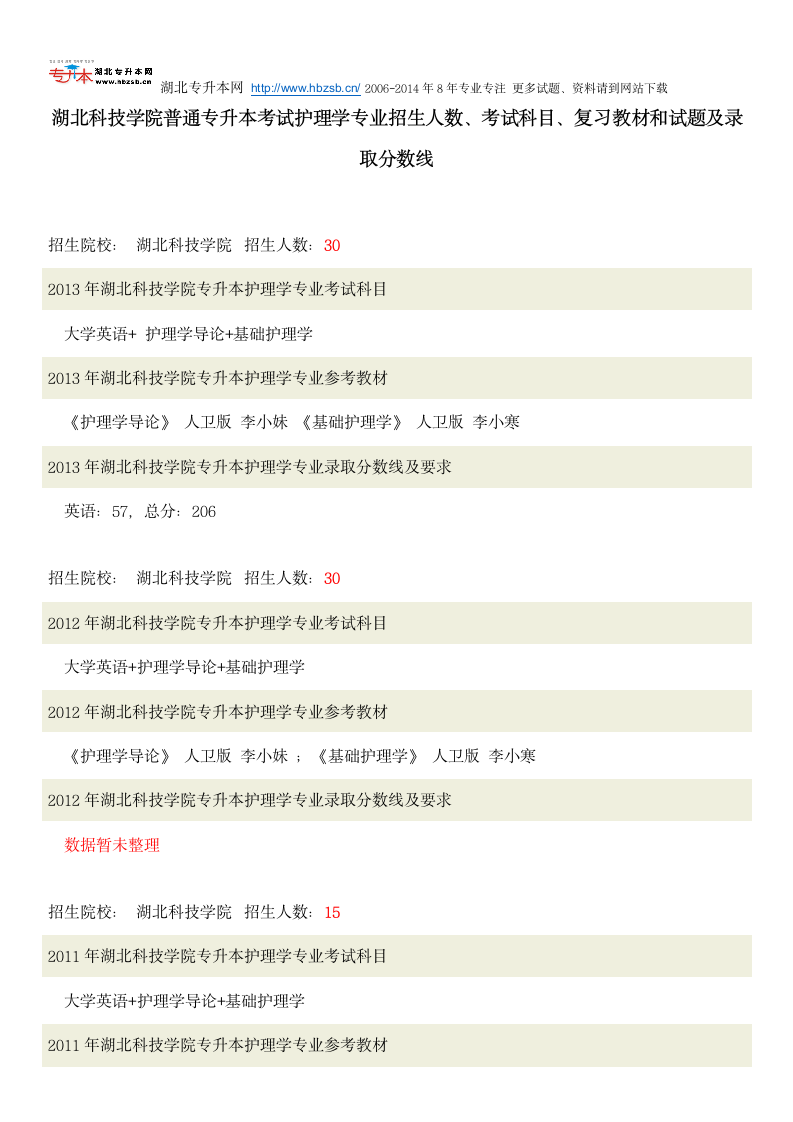 湖北科技学院普通专升本考试护理学专业招生人数、考试科目、复习教材和试题及录取分数线第1页