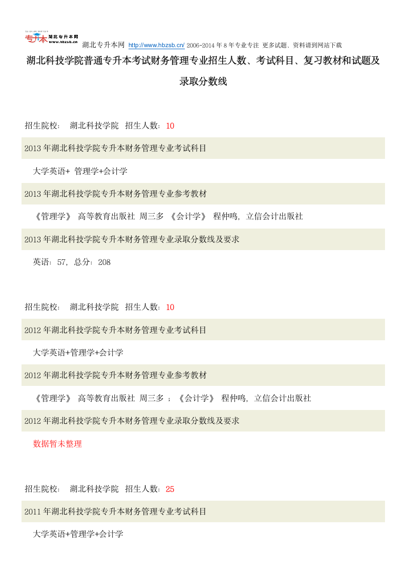 湖北科技学院普通专升本考试财务管理专业招生人数、考试科目、复习教材和试题及录取分数线第1页