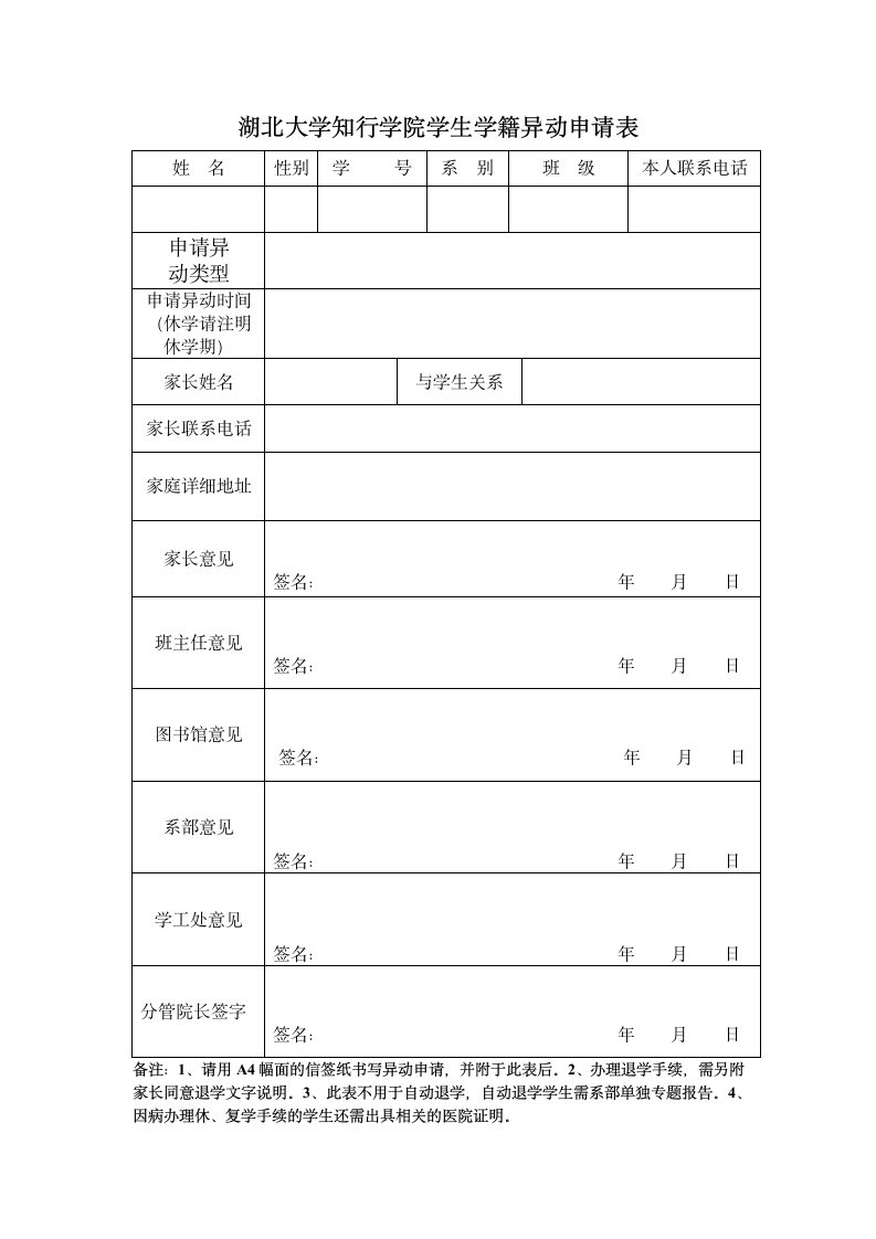 湖北大学知行学院学生学籍异动申请表第1页