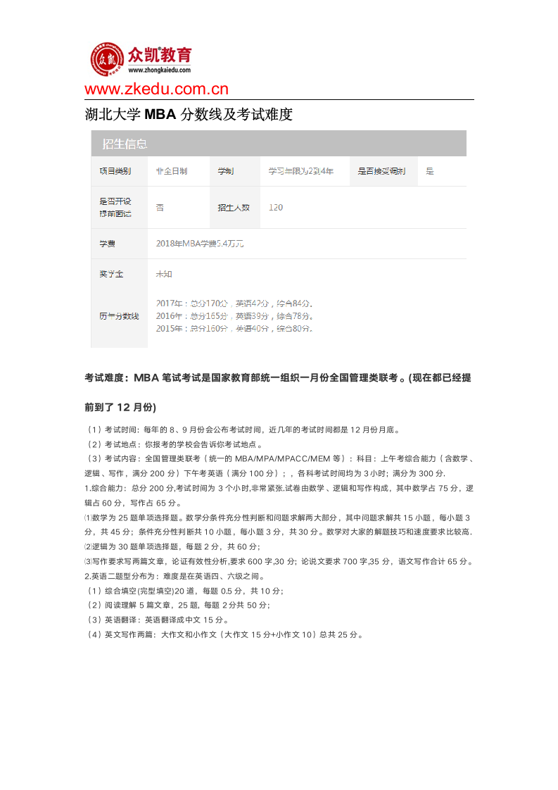 湖北大学MBA分数线及考试难度第1页