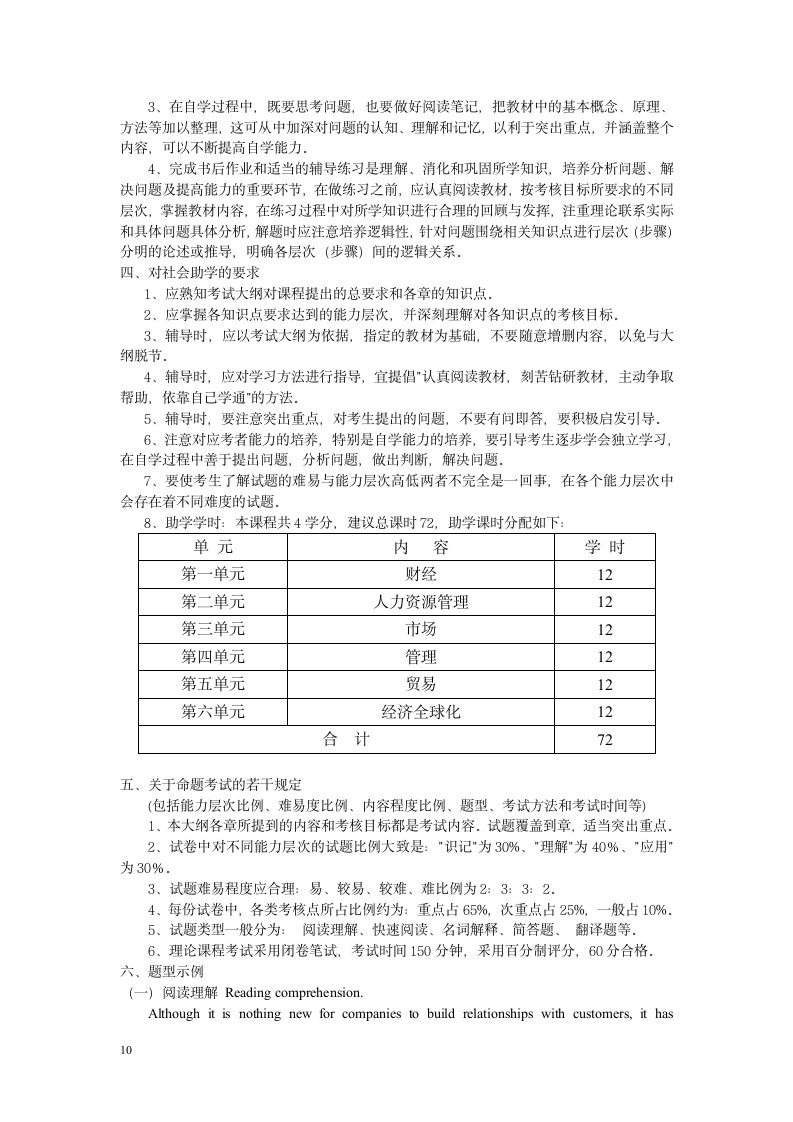 商务英语阅读自学考试课程考试大纲第10页