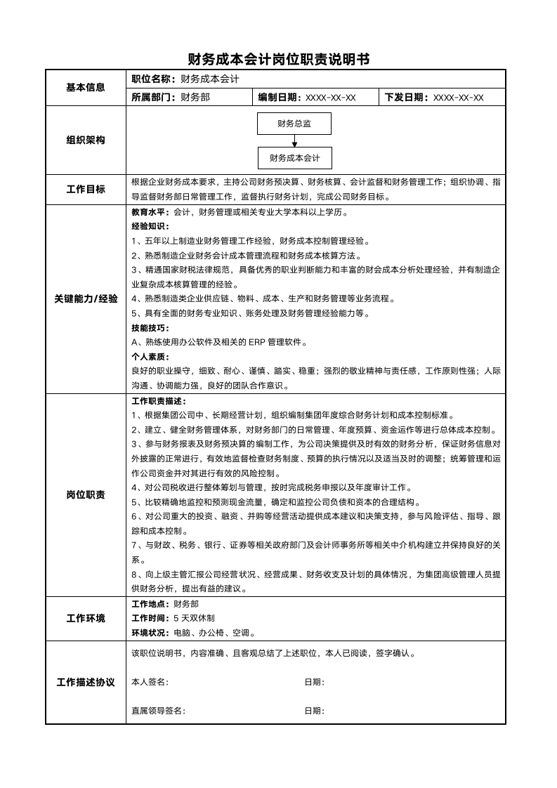 财务成本会计岗位职责说明书.docx第1页