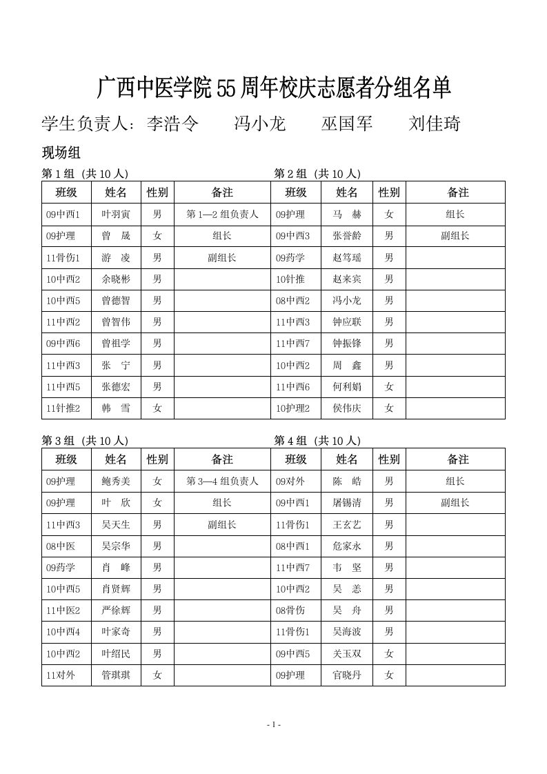 广西中医学院55周年校庆志愿者分组名单第1页