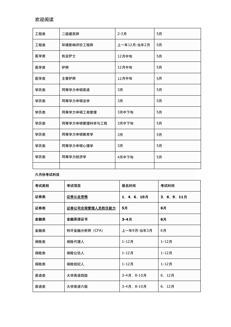 每年各种职业资格考试报名时间及考试时间表格模板94921360第4页